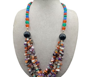 Multi Stone Necklace Beaded Statement Multi Strand Gemstones Chips Colorful