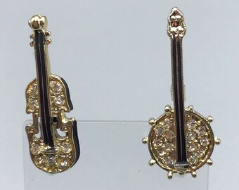 Vintage Scatter Pins Musical Instruments Pair Set of 2 Violin Banjo Rhinestones