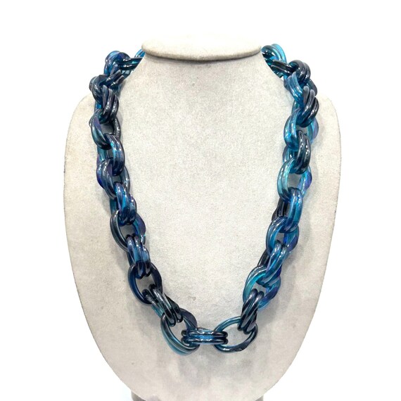 Vintage Celluloid Necklace Blue Chunky Chain Gold… - image 3