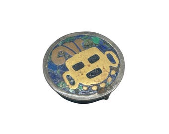 Mexico Made Sterling Silver Pill Box Metales Mexican Aztec Design Stone Inlay
