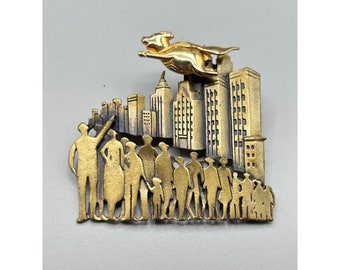 JJ Signed Flying Pig Pin Brooch City Skyline People Figural Designer Signed Pin
