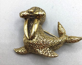 Vintage Walrus Brooch Sea Lion Gold Tone Figural Pin Seal Animal Textured Design