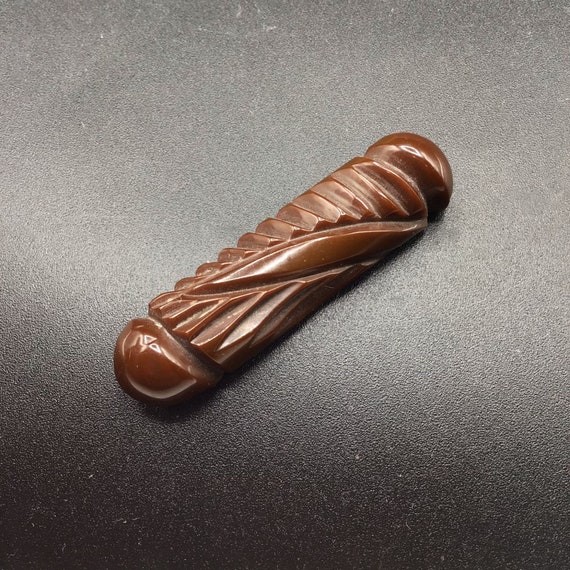 Carved Bakelite Bar Pin Deep Brown Elongated Vint… - image 2