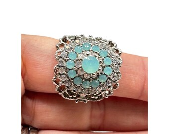Blue Opalescent Rhinestones Ring Adjustable Silver Tone Wide Statement Jewelry