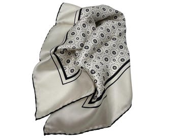 Silk Handkerchief Vintage Hand Rolled Off White With Black Design Square Small Scarf