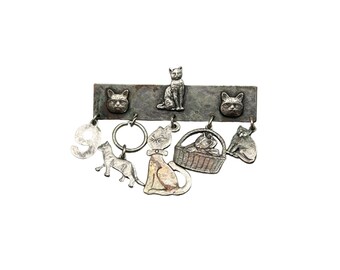 Vintage Cat Lover Brooch Shabby Bar Pin with Cats Dangles Silver Tone Metal