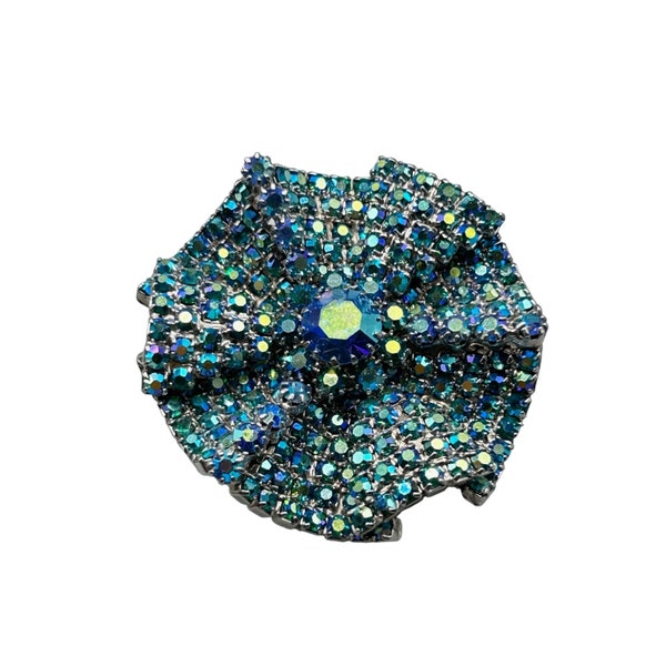 Blue AB Aurora Borealis Ruffled Flower Ribbon Pin Brooch Sparkly Large Brooch