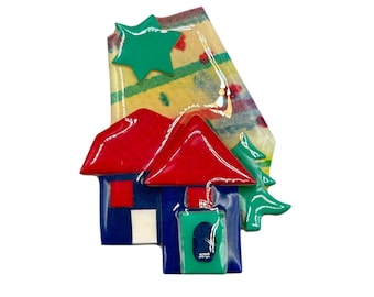 Christmas House Pin By Lucinda Vintage Handcrafted Brooch Holiday Theme