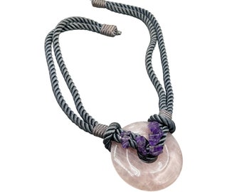 Vintage Pink Quartz and Amethyst Chips Necklace Donut Pendant Textile Silk Cords