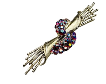 Vintage Floral Wheat Brooch Abstract Gold Tone & AB Rhinestones Long Bar Pin