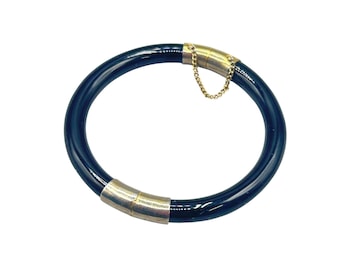 Vintage Black Glass Bracelet Hinged Bangle With Gold Plated Clasp