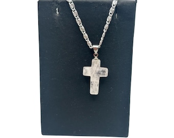 Vintage Rose Quartz Cross Necklace Silver Tone Lightweight Eloxal Aluminium Chain