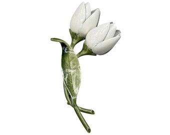 White Tulips Flowers Pin Brooch 70s Enamel Flower Power Jewelry AS IS