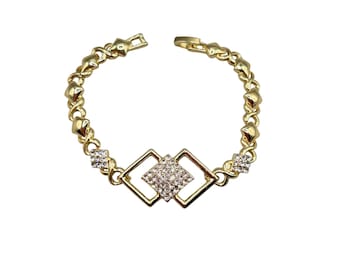 Gold Tone Chain Bracelet With Clear Crystals 7" Long