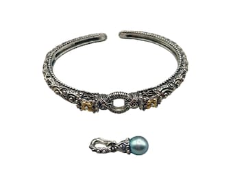 BARBARA BIXBY Bracelet Sterling Silver 18k Gold Flower Blue Pearl Dangle Cuff