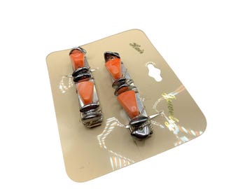 Cute Set of Vintage Hair Clips Beaded Orange Color Beads On Original Card