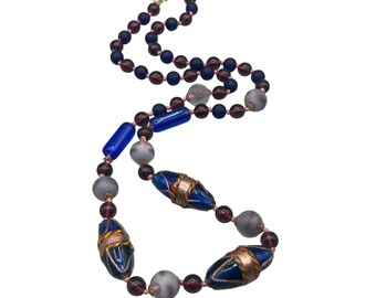 Italian Murano Necklace Wedding Cake Glass Beads Cobalt Blue And Frosted Beads