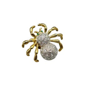 Gold & Silver Tone Spider Brooch Tack Pin With Rhinestones Green Gem Eyes
