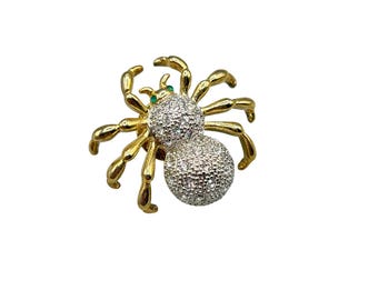 Gold & Silver Tone Spider Brooch Tack Pin With Rhinestones Green Gem Eyes