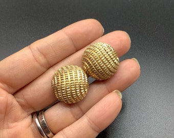 Signed Trifari round textured domed buttons earrings vintage earrings clip on gold tone clips