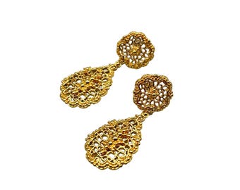 Gold Plated Filigree Style Earrings Pierced Drops Dangles Quality Costume Jewelry