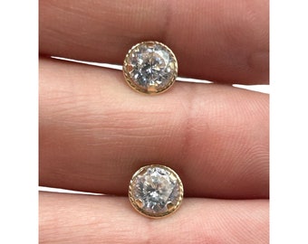 14K Gold and Clear CZ Studs Earrings Round Pierced Small Earrings Yellow Gold