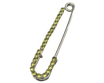 Large Silver Safety Pin Brooch with Green Rhinestones 3 Inch Statement Pin