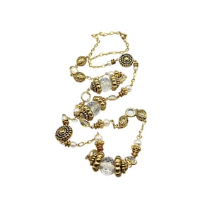 Vintage Station Necklace with Acrylic Beads & Crystals Long Gold Tone Chain