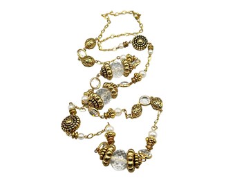 Vintage Station Necklace with Acrylic Beads & Crystals Long Gold Tone Chain