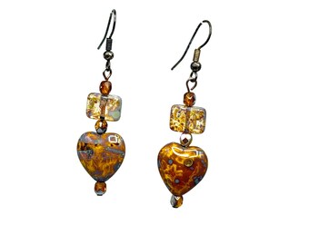 Vintage Art Glass Hearts Earrings Beaded Pierced Dangles Handcrafted