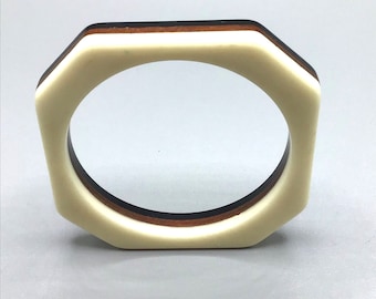 Geometric Plastic & Wood Bracelet Octagonal Bangle Cream Brown Black Layered