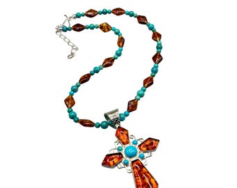 JAY KING Amber And Turquoise Cross Necklace Sterling Silver Statement Pendant DTR 925