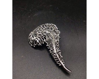 Vintage 70s Feather Brooch Silver Tone Statement Signed SAC for Sarah Coventry
