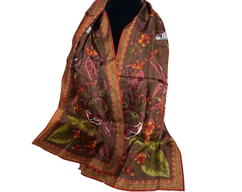 Vintage THE VERA STUDIO Rectangular Silk Scarf Birds Flowers Print Brown Earthy Colors