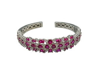 Smithsonian Bismarck Silver Tone Lab Rubies And Clear Crystals Cuff Bracelet Large Size