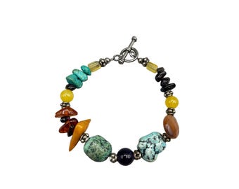 Handcrafted Semi Precious Stones Bracelet Turquoise Amber Sterling Silver Clasp 7.25" Long