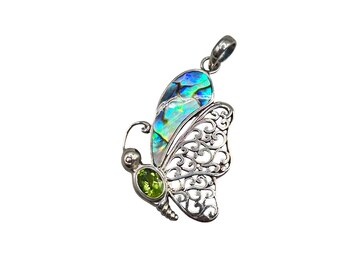 Sterling Silver Butterfly Pendant Green Peridot And Abalone Wing Filigree Style Delicate Butterfly