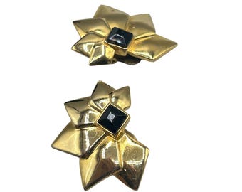 80s Geometric Clip On Earrings Gold Tone And Black Accents Clips Large Statement Jewelry