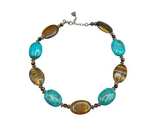 Turquoise & Tiger Eye Necklace Beaded Single Strand Genuine Semi Precious Stones