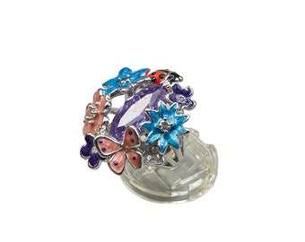 Enamel Flowers & Butterfly Ring Size 7 Silver Tone Cocktail Ring Summer Colorful