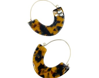 Faux Tortoise Hoops Earrings Trendy Leopard Design Gold Tone Brown Large Dangles