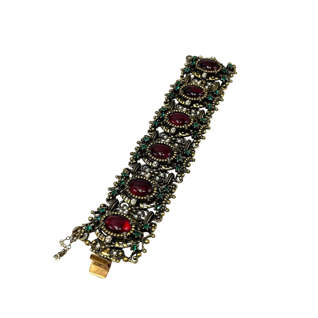 ブレスレット VINTAGE HOLLYWOOD Vine Beads Bracelet 4BFK491 Signed Hollywood Vintage Panel Link Gold Tone Leaves Floral