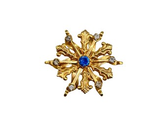 Vintage Gold Tone Snowflake Brooch with Blue Center & Clear Rhinestones