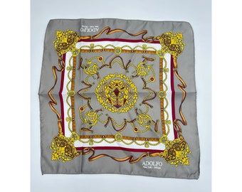 Adolfo Ny Milan Handkerchief Spurse Scarf Grey & Gold Design Polyester Bandana