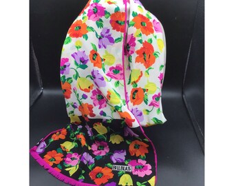 Bill Blass Hand Rolled Scarf Silk Hot Pink Orange Yellow Poppy Flowers Prints