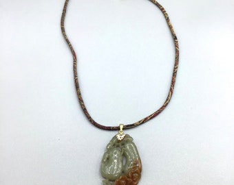 Ming's Hawaii Jadeite Jade 14k Yellow Gold Carved Pendant Silk Cord Necklace