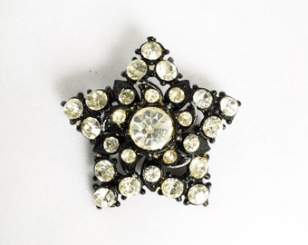 Black star brooch with Rhinestones enameled star brooch