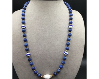 Blue Glass Bead Strand Necklace Handknotted Vintage Lapis Lazuli White Art Glass