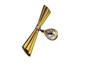 Vintage Bow Pin Brooch Monet Gold Tone Bar Brooch Dangling Teardrop Crystal Charm