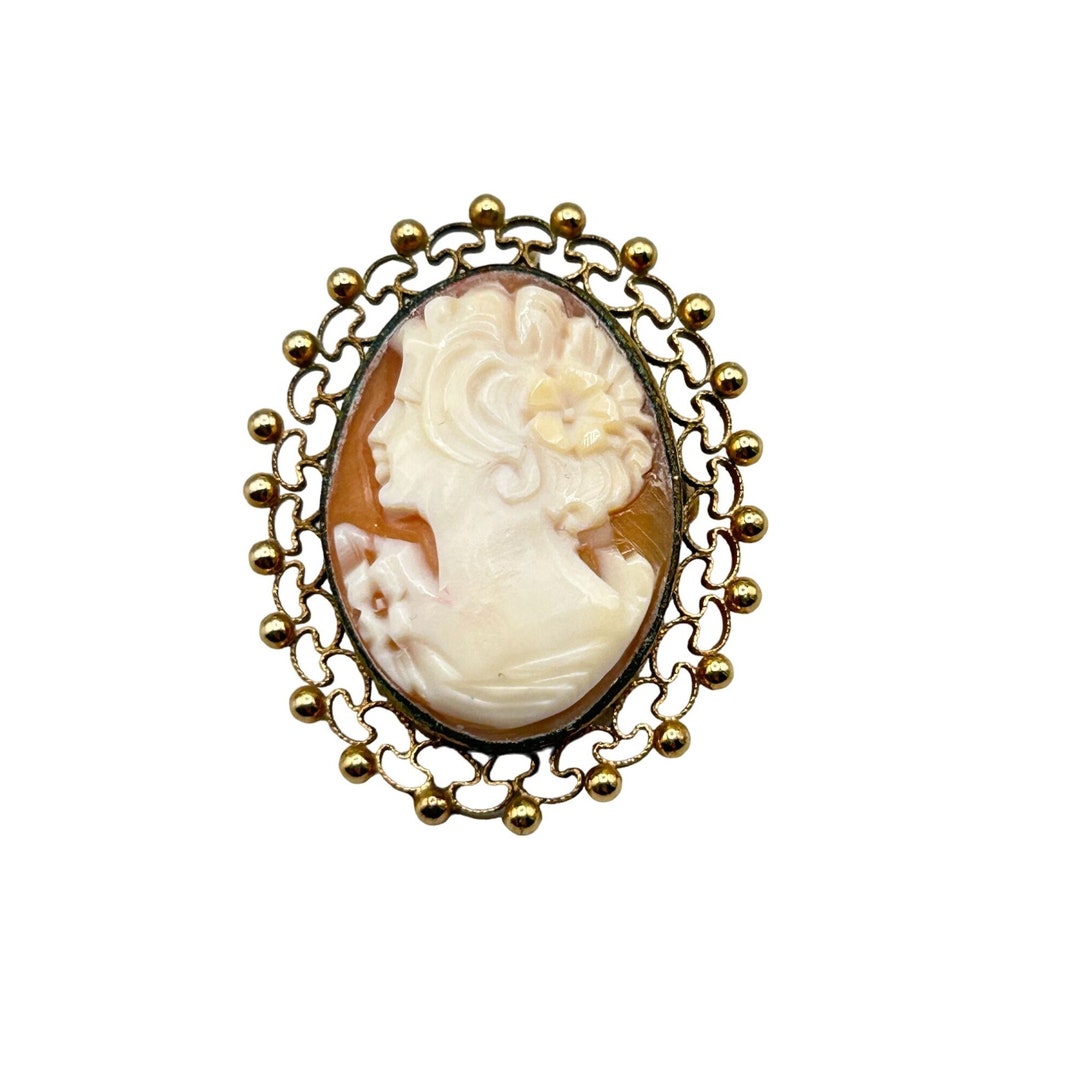 Broche Ancienne Camée Sur Coquillage - Portrait De Femme, Art Glyptique Vintage